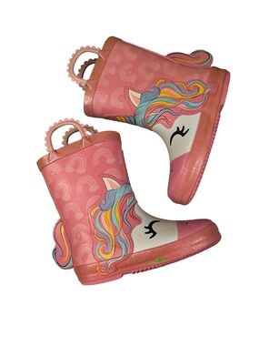 Kids Pink Sherpa Lined Unicorn Rain Boots with Rainbow Details Size 9-10